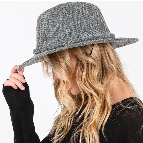 Gray Chenille Pattern Fedora Hat with Braided Band - Picture 2 of 6